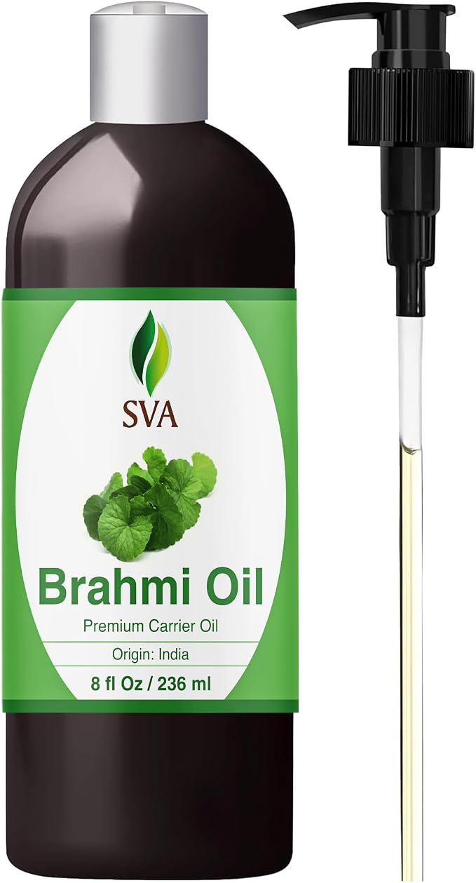 SVA Brahmi Oil - 8 Fl Oz – 100% Natural Cold Pressed Brahmi Oil - for Face, Skin Care, Hair Care, Scalp Massage & Body Massage – Carrier Oil with Pump
