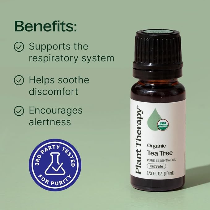 Plant Therapy Organic Tea Tree Oil (Melaleuca) 100% Pure, USDA Certified Organic, Undiluted, Natural Aromatherapy for Skin, Hair, and Toenails, Therapeutic Grade 10 mL (1/3 oz)
