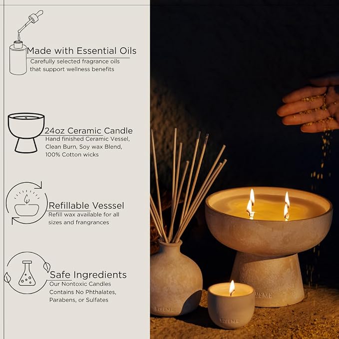 Blueme Calm Candle | Osmanthus & Sandalwood | 4 Wick - Refillable Wellness Candle with Essential Oils, Hand Finished & Poured Soy Wax Blend Ceramic Vessel, Natural Cotton Wicks | Large 24 oz