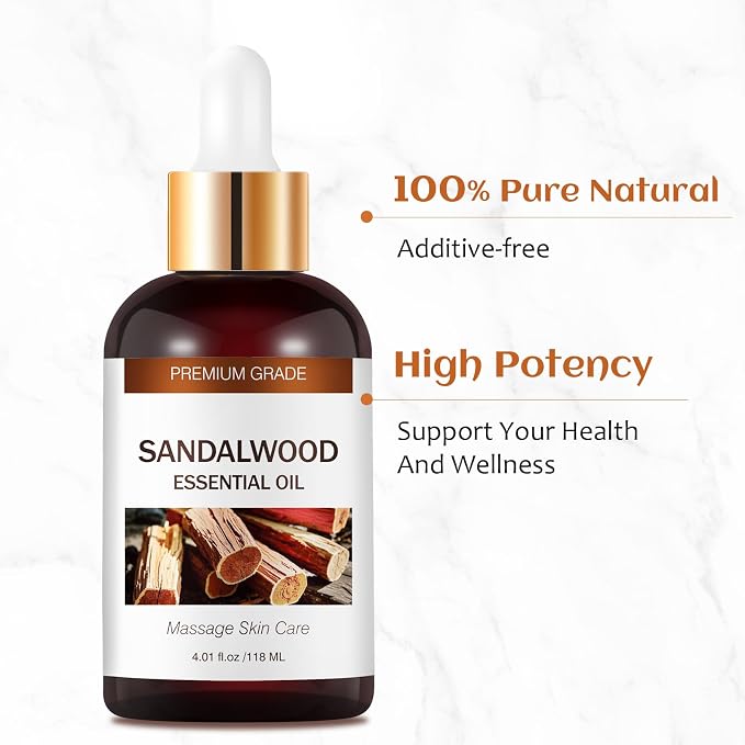 Sandalwood Essential Oils for Skin Care, Hair Care, 100% Natural Aromatherapy Oil 4 Fl Oz, Large Volume Sandalwood Oil for Aromatherapy Diffuser, DIY Fragrance and Relaxation