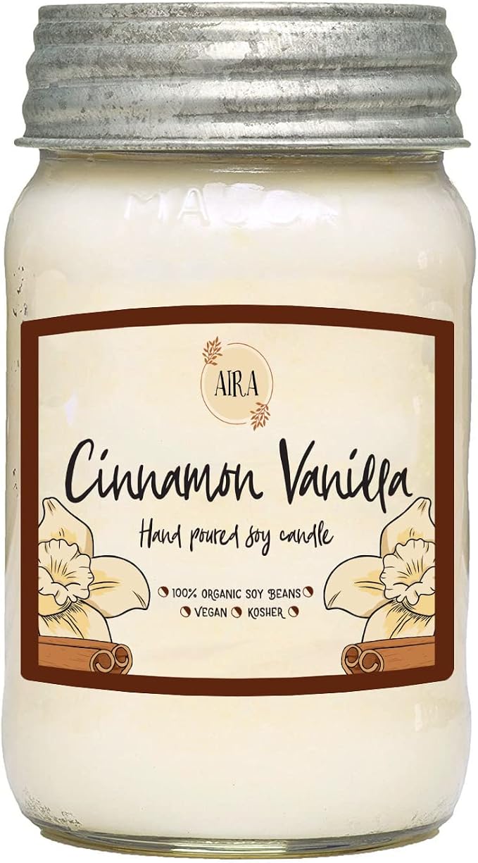 Aira Soy Candles - Organic, Kosher, Vegan, in Mason Jar w/Therapeutic Grade Essential Oil Blends - Hand-Poured 100% Soy Candle Wax - Paraffin Free, Burns 110+ Hours - Cinnamon Vanilla -16 Ounces