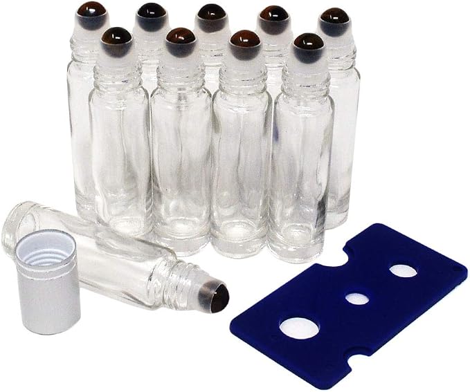 fengshuisale 10pcs Clear 10ml Empty Refillable Glass Bottles with Crystal Semiprecious Stones Essential Oil Gemstone Roller Ball Bottles with Silver Lid with Free Bag W3900 (Tiger Eye)