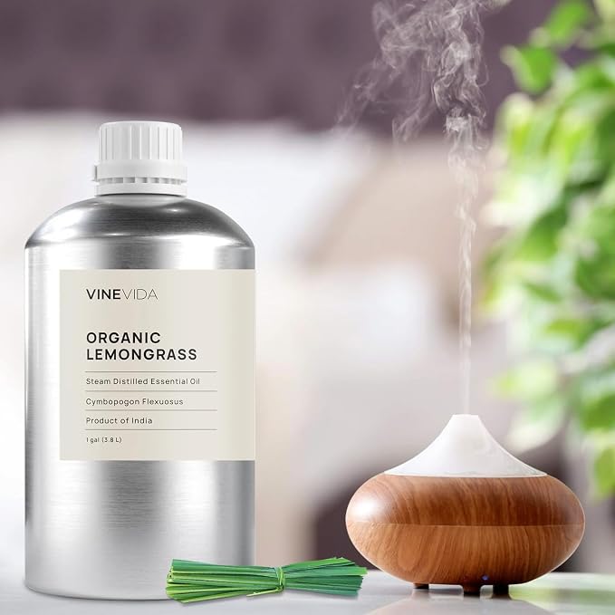 VINEVIDA Organic Lemongrass Essential Oil - Gallon Organic Lemongrass Oil Undiluted - Bulk Gallon Essential Oil for Soap Making Safe for Skin - DIY Candle Scents for Candlemaking Scents - 8 lbs