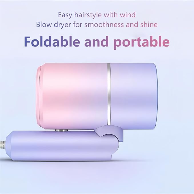 Foldable Ionic Hair Dryer with Diffuser, 800W Fast Drying Blow Dryer, 38000 RPM, Lightweight, Pink Blue, for Home & Travel (Pink Blue)