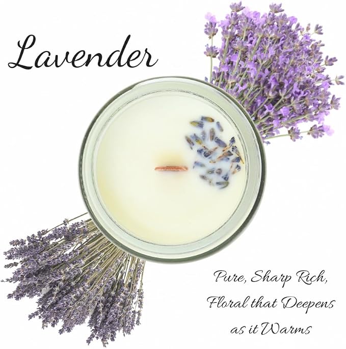 Pure Lavender Essential Oil Apothecary Candle - 3oz High-Potency Soy Wax - Real Botanicals & Crackling Wood Wick - Stress Relief & Sleep Ritual - Small Batch Luxury by Lathered Artisan