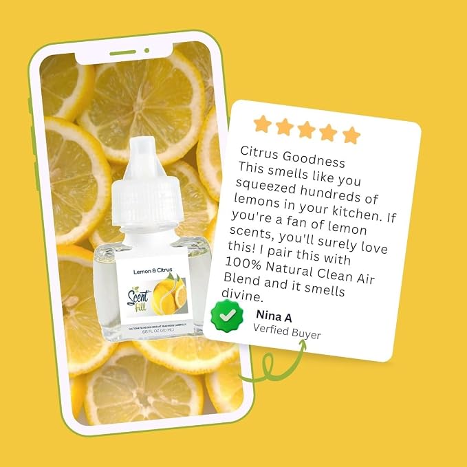 Scent Fill 100% Natural Lemon & Citrus Plug in Air Freshener, Scented Oil Refills, 2 Refills + Diffuser