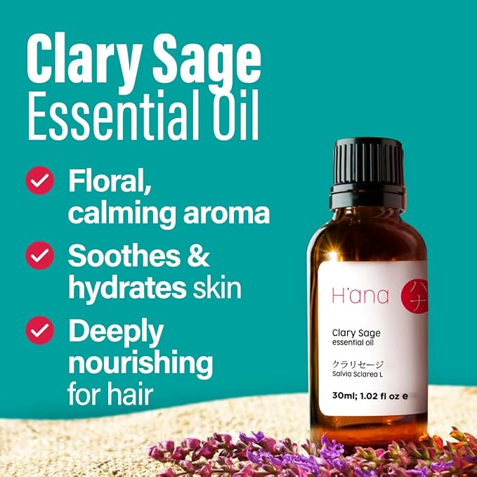 H'ana Clary Sage Oil - 1.02 Fl Oz Clary Sage Essential Oil for Hair, Skin, Diffuser, Aromatherapy & DIY