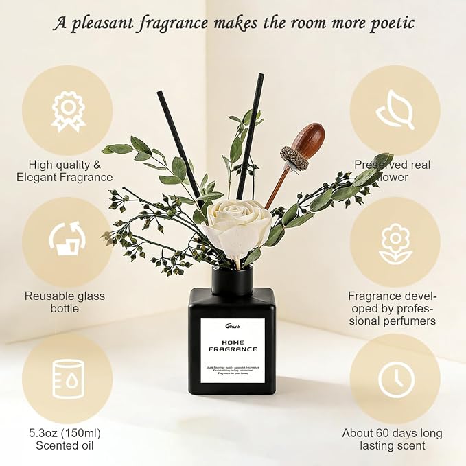 Reed Diffusers for Home, Natural Flower Reed Diffusers Set,150ml(5.3oz) Long Lasting Reed Fragrance for Bathroom, Home Fragrance Diffuser, Scent Diffusers, Scented Oils, Bathroom Décor，Air Fresheners