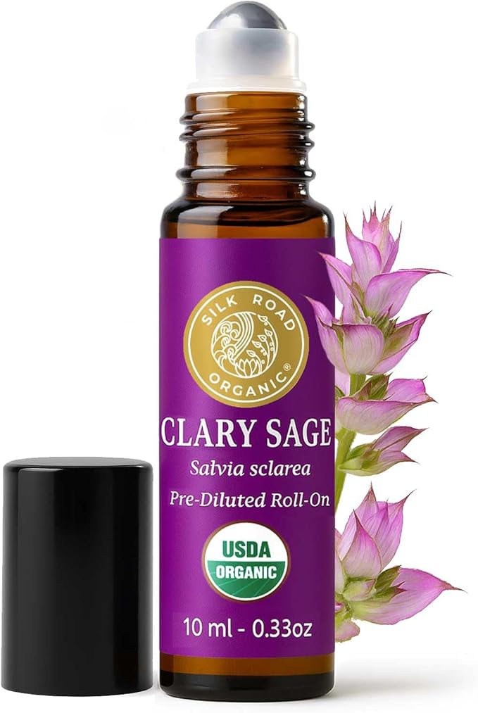 Silk Road Organic Clary Sage Essential Oil Roll On, 100% Pure USDA Certified Aromatherapy for PMS, Stress & Mental Clarity - 10 ml Roller - Always Pure, Always Organic