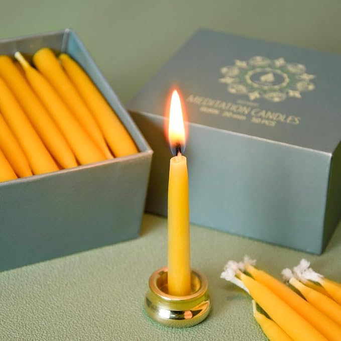 20 Minute Pure Beeswax Candles, Drip-Free Meditation Candles, Mini Taper Candles, Set of 50 Without Brass Candle Holders
