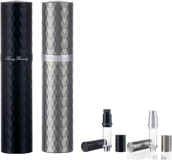 Travel Refillable Perfume Atomizer 0.17fl.oz/5ml. Cologne Pocket Recyclable Portable Sprayer Bottle. Mini Scent Pump Case Dispenser Perfume Container (BLACK+GREY)