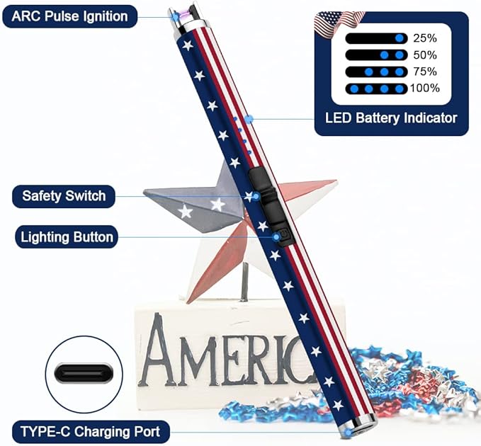 SUPRUS Electric Lighter Candle USB Type C Rechargeable with LED Battery Display and Safety Switch Windproof Souvenir for Independence Memorial and Veterans Day(American Flag)