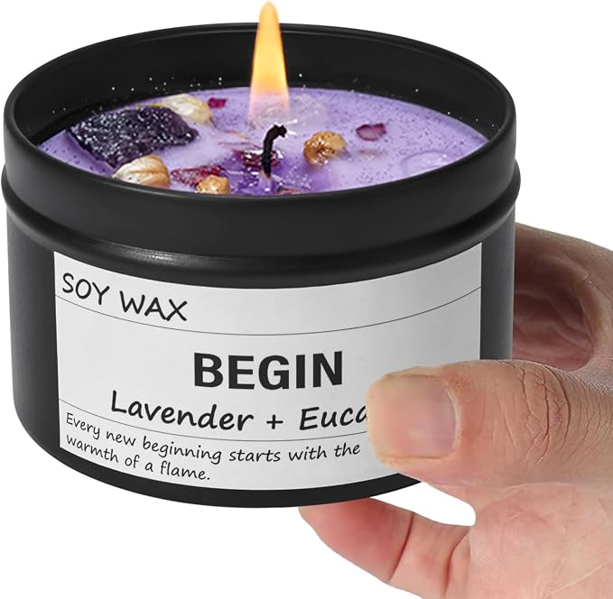 Begin New Beginnings Lavender & Eucalyptus Scented Candle, Black Jar with Purple Crystals, Natural Soy Wax Candles Gifts for People Embarking On Life’s New Journeys, Ready to Restart After A Setbac