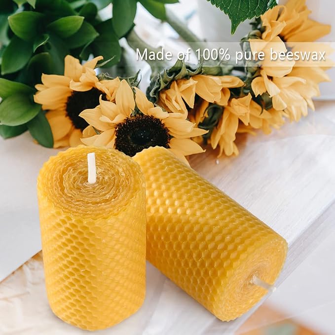 DEYBBY Beeswax Honeycomb Rolled Pillar Candles Set of 6 - Handmade Pure Organic Bees Wax Candles for Home Study Decor Housewarming Gift (2×3.3 in)