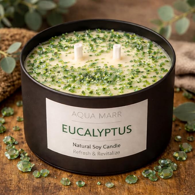Eucalyptus Soy Candle – 8 oz Aromatherapy Spa, Fresh Eucalyptus Scent, Clean Burning Hand-Poured Candle for Relaxation, Home & Bathroom Décor – Aqua MARR