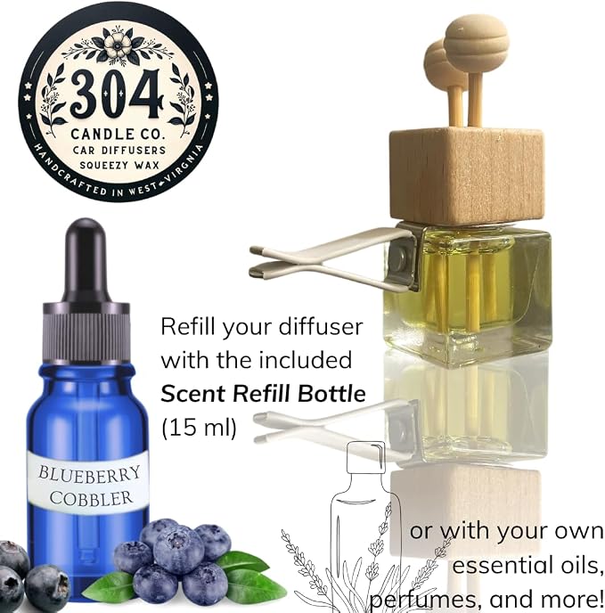 Cute Refillable Car Air Freshener Vent Clip 8mL – Blueberry Cobbler – 15mL Refill Included – Long Lasting Fragrance Oil Diffuser – 100% American Handmade Odor Eliminator