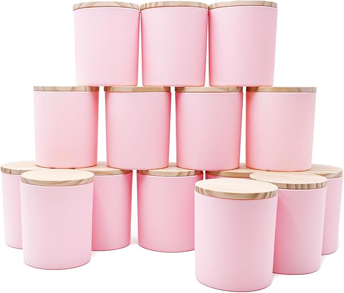 SHOWIN 10 OZ Thick Candle Jars for Making Candles 15 Pcs, Empty Jars with Wood Lids for Candle Making, Sample Container, Matte Pink