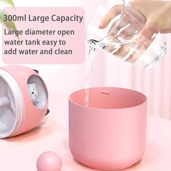 Small Humidifier Cute Portable Cool Mist 300ML 7 Color Night Light USB Air Humidifier for Bedroom Office Desk Car Plants Travel (Pink)
