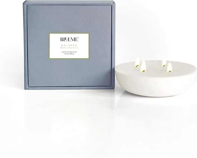 Blueme Balance Candle Refill | White Lotus & Tea | 4 Wick - Contains Essential Oil, Sustainable, Hand Finished, Hand Poured, Luxury Refill, Natural Cotton Wick, Soy-Wax Blend | Large 24 oz
