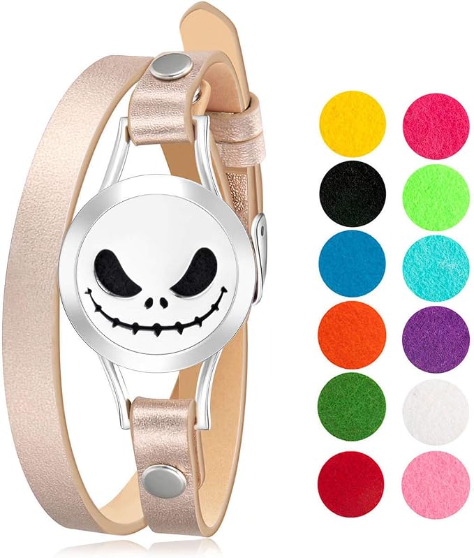 Wild Essentials Jack Skullington Essential Oil Bracelet Diffuser, Leather Wrap Band, Stainless Steel Locket Pendant, 12 Color Refill Pads, Customizable Color Changing Perfume Jewelry for Aromatherapy