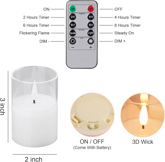 VIODAIM 6Pack Glass Flickering Flameless Candles with Remote, 2"X3" Real Wax Votive Candles Battery Operated, Small Electric LED Candles for Wedding Home Decor, w/4 Timers+2 Lighting Modes [Clear]