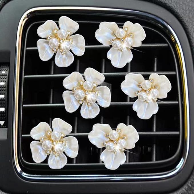 Bling Daisy 6 Pcs Pearl Flower Air Vent Clips - Cute Car Diffuser Vent Clip Rhinestone Decoration - White
