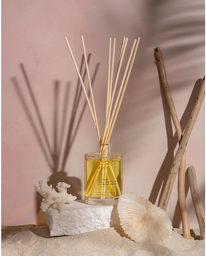Brooklyn Candle Studio Reed Scent Diffuser - Maui - Relaxing Oil Diffuser, Sea Salt, Driftwood & Ylang Ylang Fragrance, 8 Rattan Diffuser Reeds, Clean Ingredients - 3.7oz