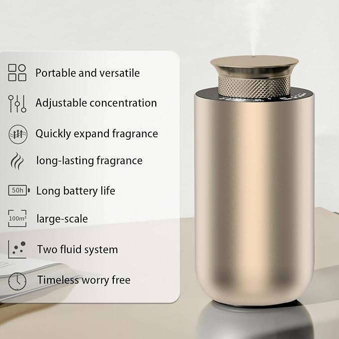 2026 Upgraded Rechargeable Waterless Car Scent Diffuser Kit, Includes 2 Premium Oils, Auto On/Off, 4 Mist Levels & Timers, Portable Aromatherapy Diffuser for Hotel,Home,Room,Studio,Office - Gold