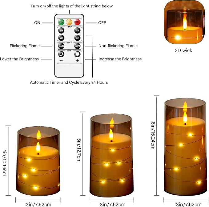 kakoya Flameless LED Candles with Timer 12 Pc Flickering Flameless Candles for Romantic Ambiance and Home Decoration Stable Acrylic Shell,with Embedded Star String，Battery Operated Candles(Grey)