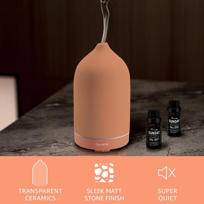 Gooamp 200ML Ceramic Essential Oil Diffuser - Ultrasonic Aromatherapy & Humidifier with 7-Color LED Lights, Auto Shut-Off, Brown, 1H/3H/6H Timer | Scent for Home,Office,Yoga