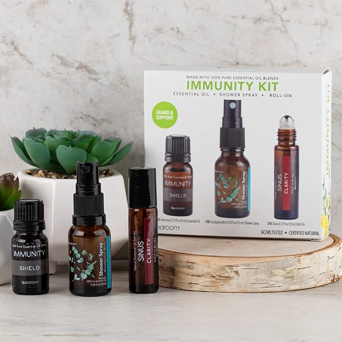 SpaRoom Immunity Travel Kit, Immunity Essential Oil Blend, Eucalyptus Mint Shower Spray, Sinus Topical Roll-on