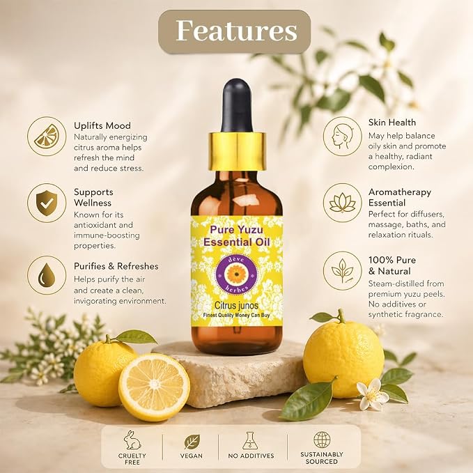 Deve Herbes Pure Yuzu Essential Oil (Citrus Junos) with Glass Dropper |Non-Sticky | Non-Greasy | Lightweight | Men & Women | All Skin Types | Steam Distilled 10ml (0.33 oz)