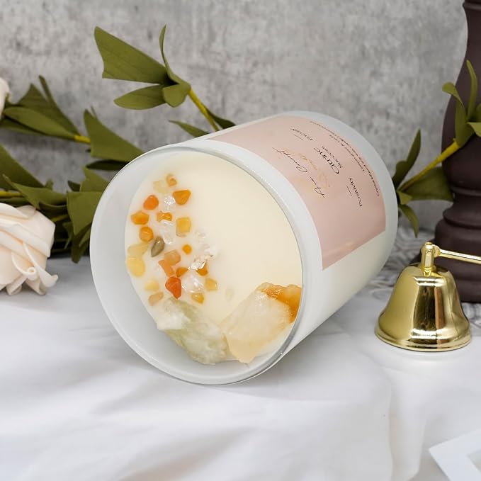 Citrine Crystal Candle – 10oz / 280g | Lemongrass & Litchi Aromatherapy | Hand-Poured Soy Wax | Genuine Citrine Healing Crystals Embedded | Positivity, Success & Energy | Gift Box Included