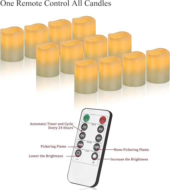 Vinkor Flameless Candles Battery Operated Candles Real Wax Pillar LED Candles with 10-Key Remote and Cycling 24 Hours Timer (Ivory Set of 12 （D: 3" x H: 4"）)