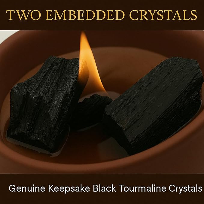 Forest Mahogany Scented Crystal Candle - Luxury Empowerment Candle with Black Tourmaline Crystals - 7.4oz Natural Soy, Coconut & Beeswax Wood Wick Candles for Men