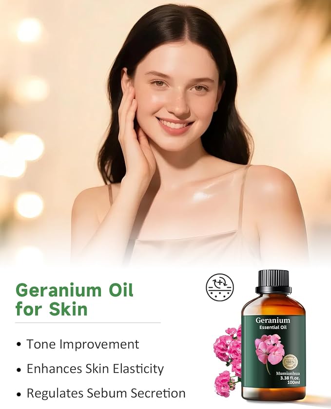 Geranium Essential Oil, Mumianhua Pure Rose Geranium Natural Oil for Outdoor Protective Barrier & Garden Freshness, Floral Aroma for Diffuser, Skin, Hair, DIY Spray – 3.38 Fl Oz