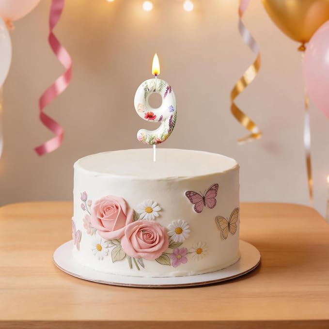 Number 9 Birthday Candle for Cake – Floral Botanical Design with Butterfly Detail – Elegant Cake Topper for Birthday, Garden Party Decoration