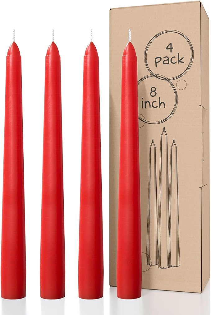 CANDWAX 8 inch Red Taper Candles Set of 4 - Unscented and Long Burning Candlesticks - Perfect as Dripless Candlesticks for Dinner or Holiday Home Decor - Red Candle Sticks