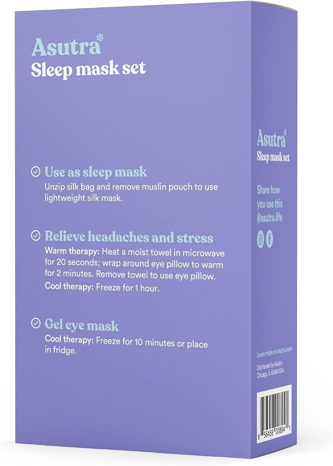 ASUTRA Bundle Set - 1 Purple Silk Eye Pillow for Sleep Filled w/Lavender Buds & Flax Seeds and 1 Multi-Use Essential Oil Aromatherapy Spray (3 Scent Mini Sampler)