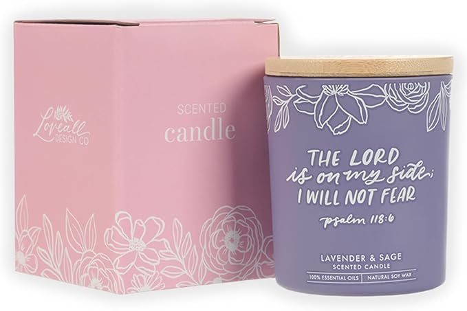 Christian Art Gifts Soy Wax Scented Candle: Lavender & Sage Scent, Psalm 118:6 Bible Verse, Pure Essential Oils, 4.5 oz, Up to 20 Hours Burn Time, Glass Jar w/Bamboo Lid, Encouragement Gift for Women