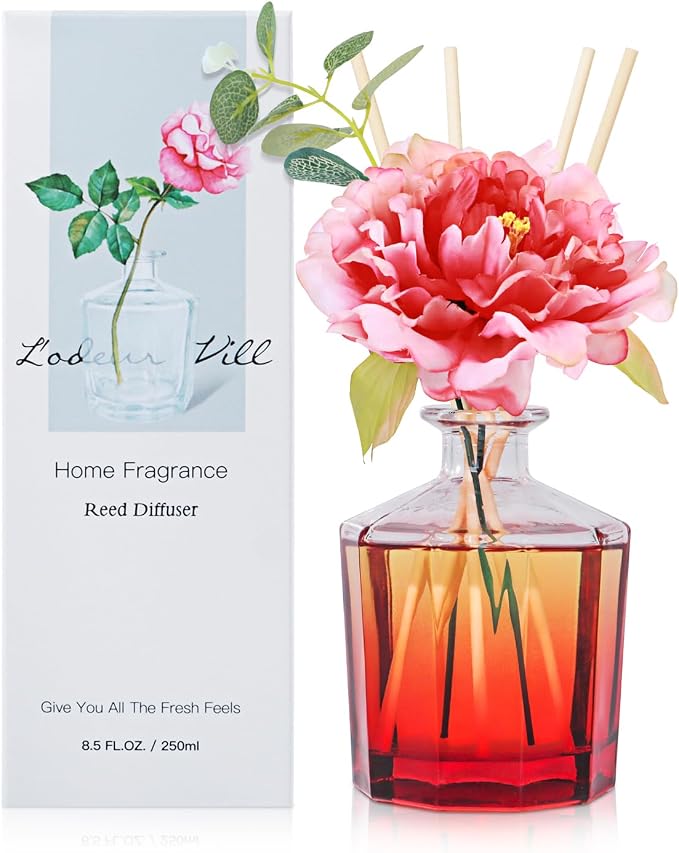 L'odeur Vill Reed Diffuser, 8.5 Oz(250ml) Jasmine Lily Bathroom Diffuser with 10 Sticks, Scented Diffuser Home Fragrance Essential Oil Reed Diffuser Set for Home Large Rooms Bathroom Shelf Decor