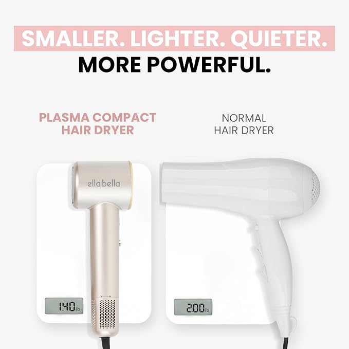 ELLA BELLA® Compact Plasma Hair Dryer, Advanced Plasma Technology Blow Dryer with Digital Display, Rapid Drying, Low Noise, & Luxury Velvet Travel Bag - Includes Diffuser & Nozzle- for All Hair Types