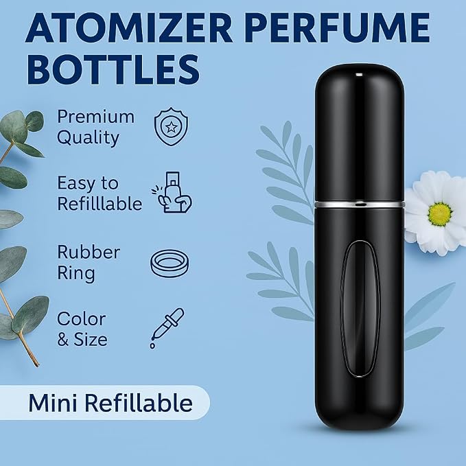 Mini Refillable Perfume Atomizer 5ml – Travel-Size Spray Bottle for Fragrance, Easy Refill, Leak-Proof Design, Compact Scent Dispenser for Purse or Pocket (Pack of 2)