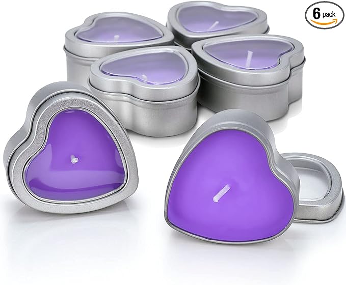 DEYBBY Large Heart Shaped Scented Tea Lights Candles, Smokeless Soywax —6 Hours Long Burning Lavender Purple Aromatherapy Candles for Relaxation, Spa and Bath (Pack of 6)