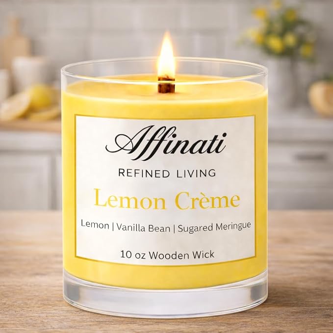 Affinati Lemon Creme Scented Candle, 10 oz Wooden Wick Tumbler Jar – Sweet Citrus Gourmand Aromatherapy, Clean Kitchen Soy Blend Gift