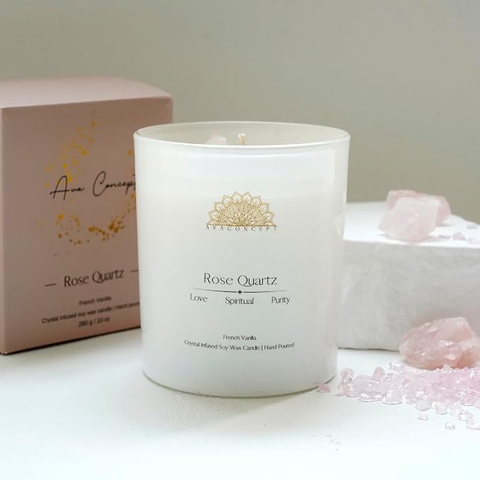 Rose Quartz Crystal Candle – 10oz / 280g | French Vanilla Aromatherapy | Hand-Poured Soy Wax | Genuine Rose Quartz Healing Crystals Embedded | Love, Spiritual & Purity | Gift Box Included