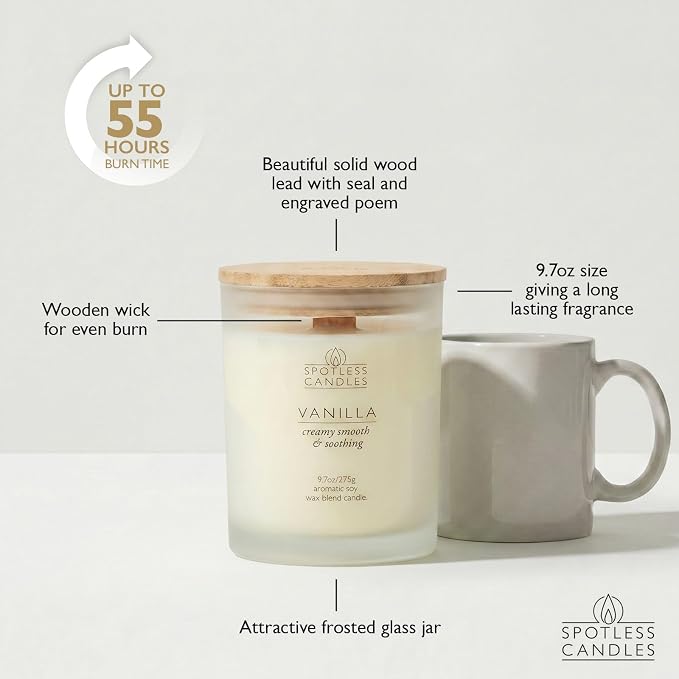 Vanilla Candle; 275g, 55 Hrs Burn Time, Soy Wax White Frosted Jar with Crackling Wooden Wick & Luxury Gift Box: Vanilla Scented Candle by Spotless Candles