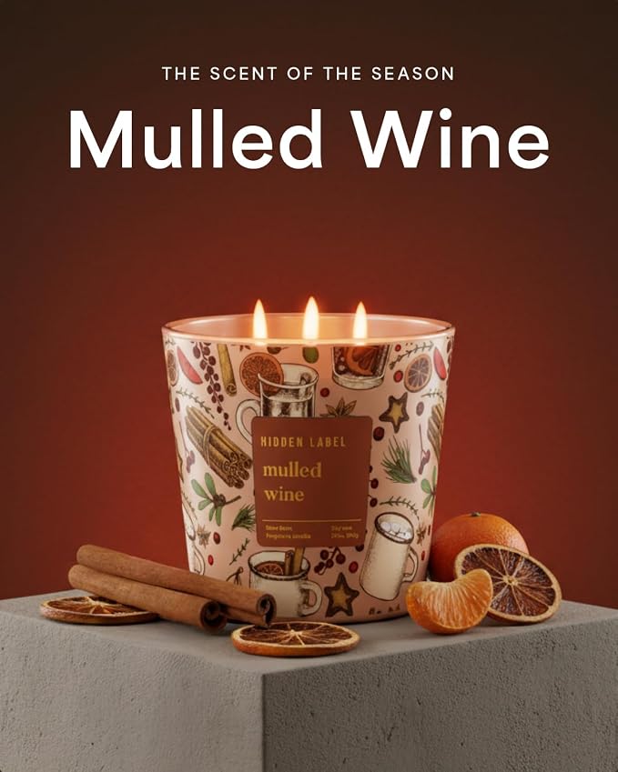 Hidden Label Mulled Wine Scented Candle for Home, 30oz Large 3 Wick Soy Candle, 100H Long Lasting, Cinnamon Orange Clove, Non-Toxic Clean Burn, Christmas Winter Gifts for Women, Holiday Gift