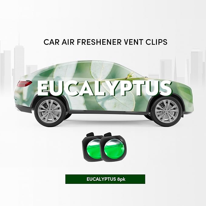 Car Air Freshener Vent Clips, 8 Pack, Provides Long-Lasting Scent, Up to 240 Days, Odor Eliminator (Eucalyptus)