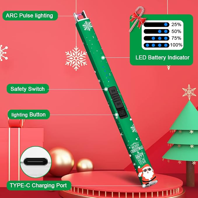 SUPRUS Electric Lighter Arc Windproof Flameless USB Rechargeable Lighter with Safety Lock for Candle BBQ Camping (Christmas Green)